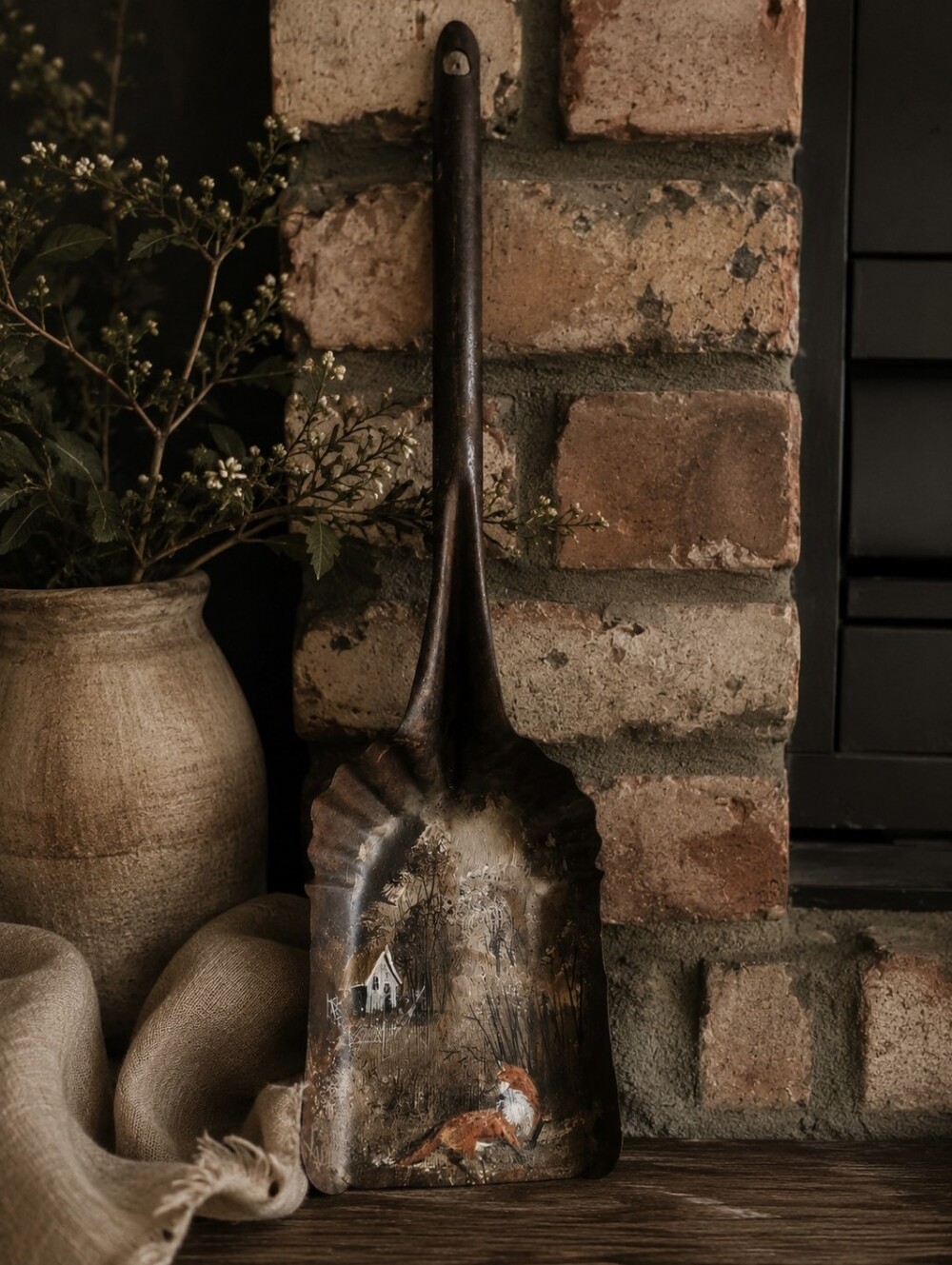 Vintage Metal Ash Scoop Shovel Hand Painted Fox Cabin Scene Salvage Folk Art